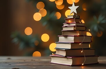 Christmas card. Stacks of colorful books sit on the table, the books stacked on top of each other in the shape of a Christmas tree, with lights with a star on the top. Blurred festive bokeh background