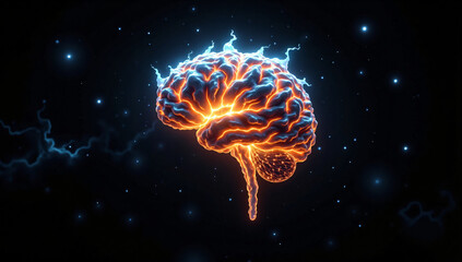 Fototapeta premium Visualizing Future AGI: Glowing Brain with Lightning