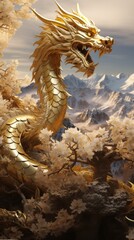 Majestic Gold Dragon Perched Tree with leaves. Generative AI.