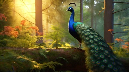 Majestic Peacock Standing in Forest. Generative AI.