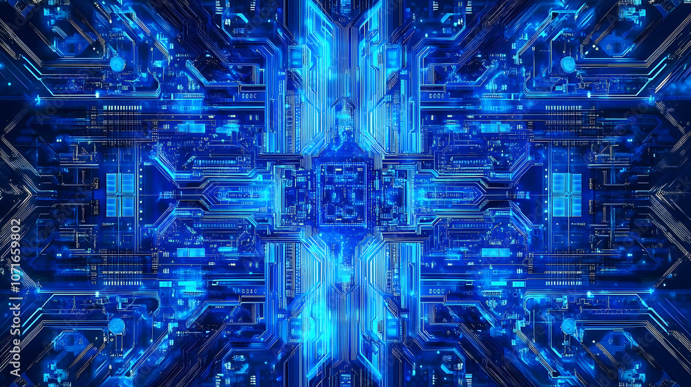 Poster futuristic blue circuit board design showcasing intricate patterns and connections, ideal for techno