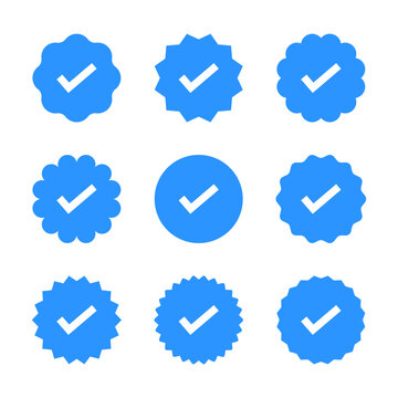 Instagram facebook twitter x social media verified account blue tick badge icon set vector illustration
