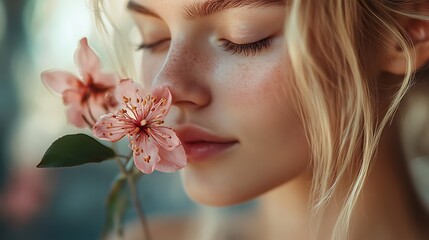 Young woman smelling delicate pink flowers for serenity