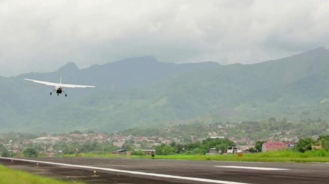 Airplane in the field, Taking off, 4k clip, blue sky at day time.