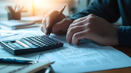 Fototapeta premium Hands using calculator on financial documents at a desk.