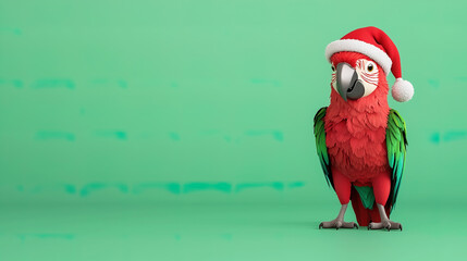 Fototapeta premium Festive parrot in a Santa hat on a bright green background, Christmas background 3D style