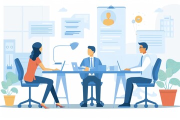 Fototapeta premium Contemporary graphic of HR professionals conducting interviews, bright and modern design