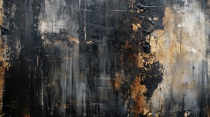 A visually rich grunge surface blending dark black textures with warm gold tones creating a striking and rough abstract design suitable for artistic interpretations.