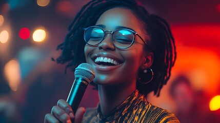 Joyfully singing woman captivates audience with soulful performance