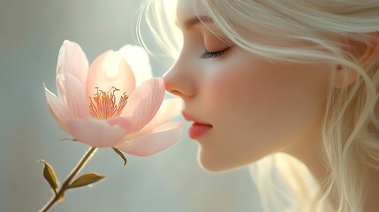 Woman embraces nature's beauty with flower