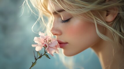 Captivating woman gently embraces blooming flower