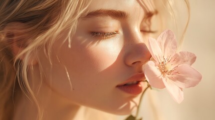 Young woman embraces nature with delicate flower
