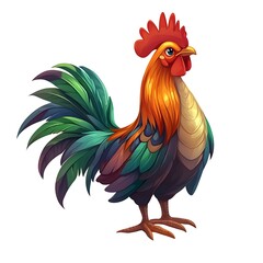 Colorful Rooster Illustration with Green and Blue Feathers.