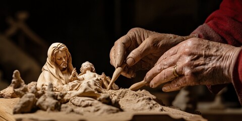 An artist meticulously sculpts a clay nativity scene, focusing on the figures of Mary and baby Jesus, showcasing skill and dedication.