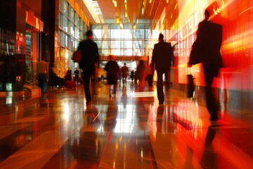 Fototapeta premium Create a dynamic long exposure image of business individuals moving quickly through a well-lit lobby