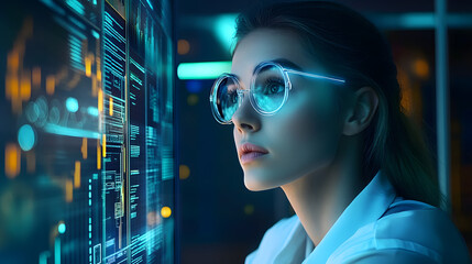 A woman analyzes data through futuristic visualizations, representing innovation in technology and business analytics.
