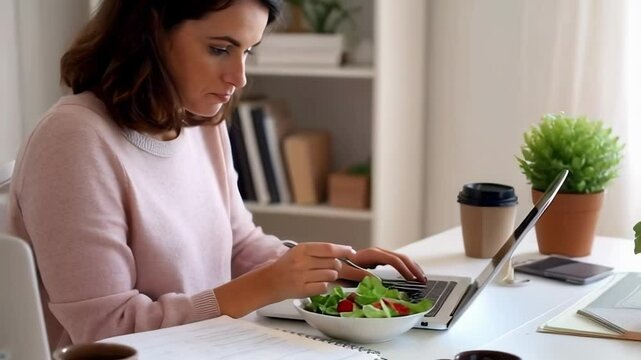 Focused woman working on laptop while eating salad at her desk