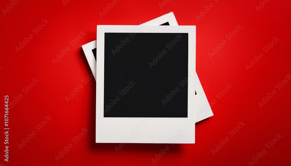 Poster a single instant photo frame on pure empty red background, mockup