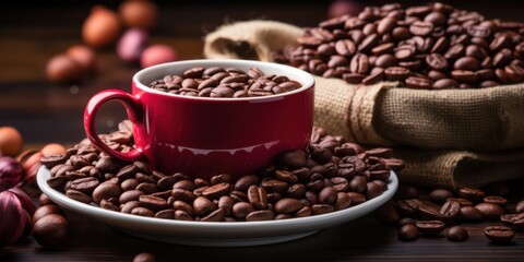 Fototapeta premium A red coffee cup filled with roasted coffee beans resting on a bed of freshly roasted beans