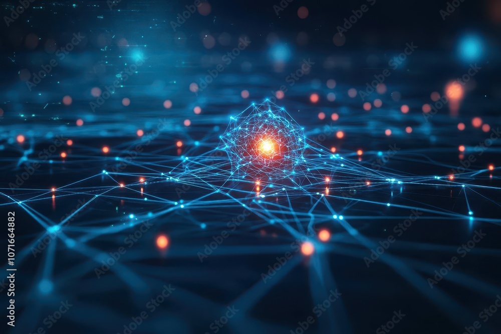 Aufkleber a glowing neural network illuminated by beams of light, surreal hightech concept, dark background, c