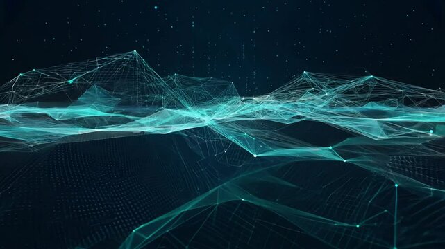 Abstract animation of a digital plexus network on a dark blue background.