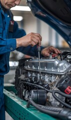 Precision Engine Repair by Skilled Mechanics in Auto Workshop, Hands-On Adjustment, Mechanic Working On A Car Engine