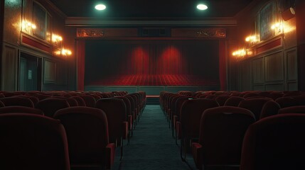 Empty cinema interior with plush velvet seats aligned in perfect rows warm lights softly illuminate the room