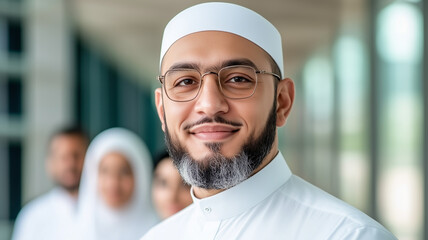 Smiling man wearing glasses and traditional attire, standing in a modern hallway with blurred people in the background, conveying confidence.