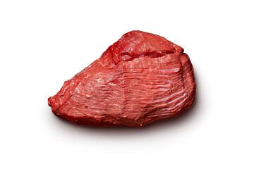 A raw beef steak with a marbled texture displayed on a plain white background, showcasing its freshness and suitability for grilling or gourmet cooking