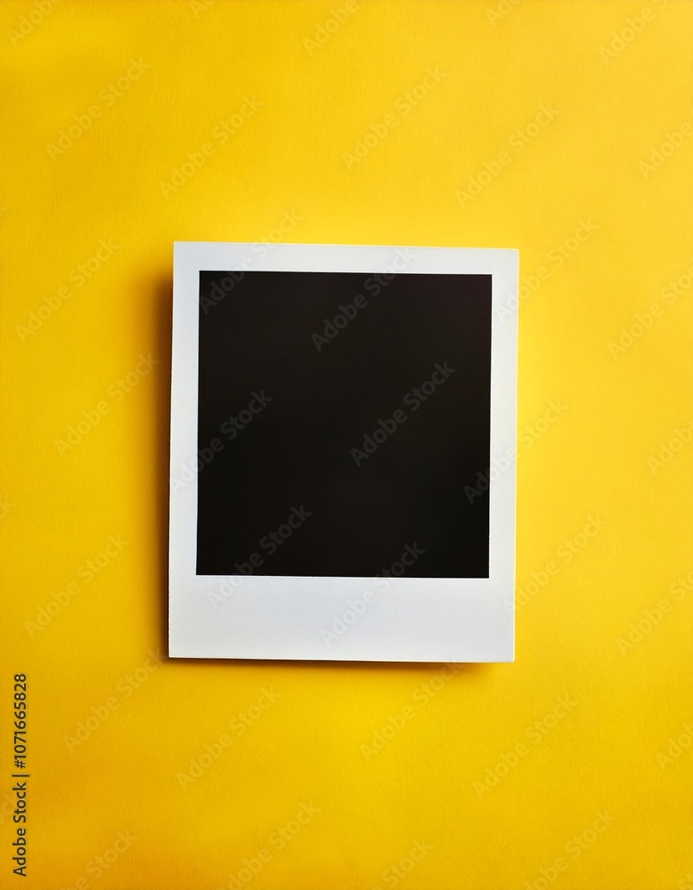 Poster a single instant photo frame on pure empty yellow background, mockup