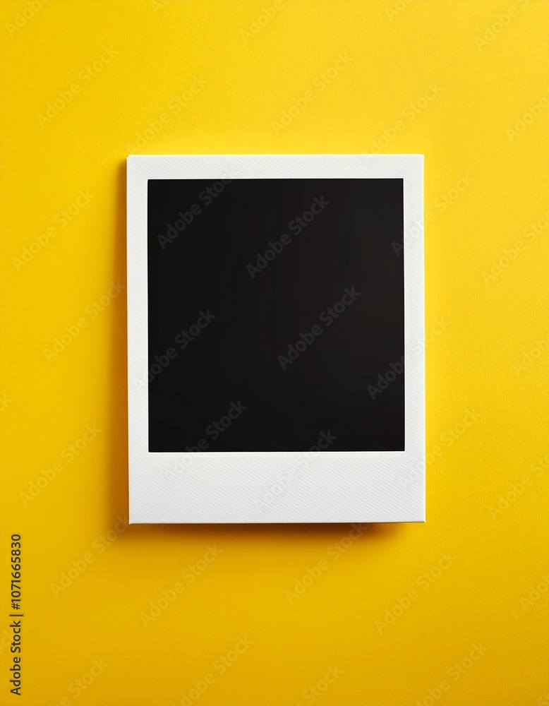 Poster a single instant photo frame on pure empty yellow background, mockup