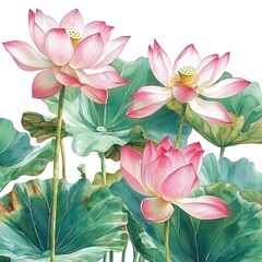 Fototapeta premium Watercolor painting of pink lotus flowers with green leaves.