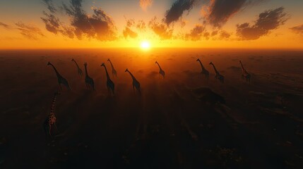 Giraffes silhouetted against a vast savanna sunset, their long necks outlined in the golden evening glow.