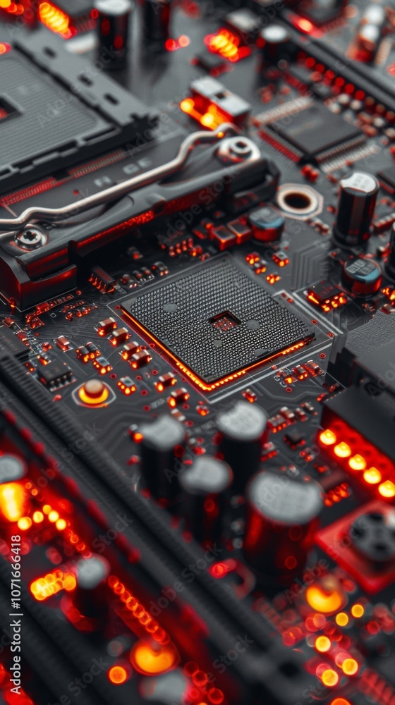 Poster a close-up view of a highly detailed circuit board, showcasing intricate components illuminated in f