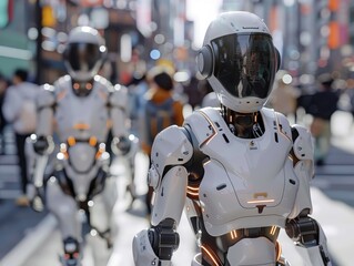 Fototapeta premium Two humanoid robots walking through a busy urban street, showcasing advanced technology.