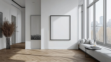 Fototapeta premium wall modern living room with mockup frame
