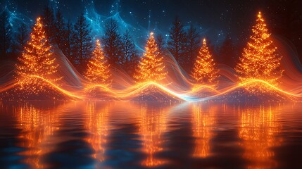 Naklejka premium A magical winter scene featuring illuminated trees reflected on water, surrounded by a serene, blue-hued background.