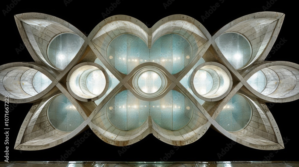 Poster intricate architectural design featuring modern lighting and symmetrical elements, illuminated by ni
