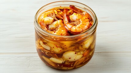 Jar of Korean-style pickled shrimp with sliced garlic and red chili, arranged on a light-colored table with a rustic, traditional look.