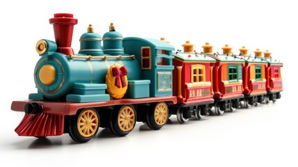 Christmas train toy with festive colors, isolated on white