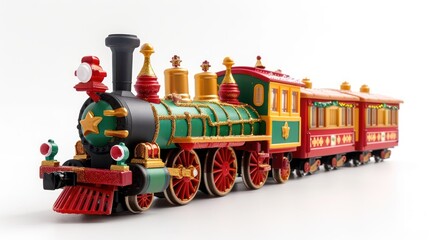 Christmas train toy with festive colors, isolated on white