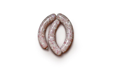 A set of raw sausages displayed on a plain white background, showcasing their fresh quality and versatility for grilling or cooking