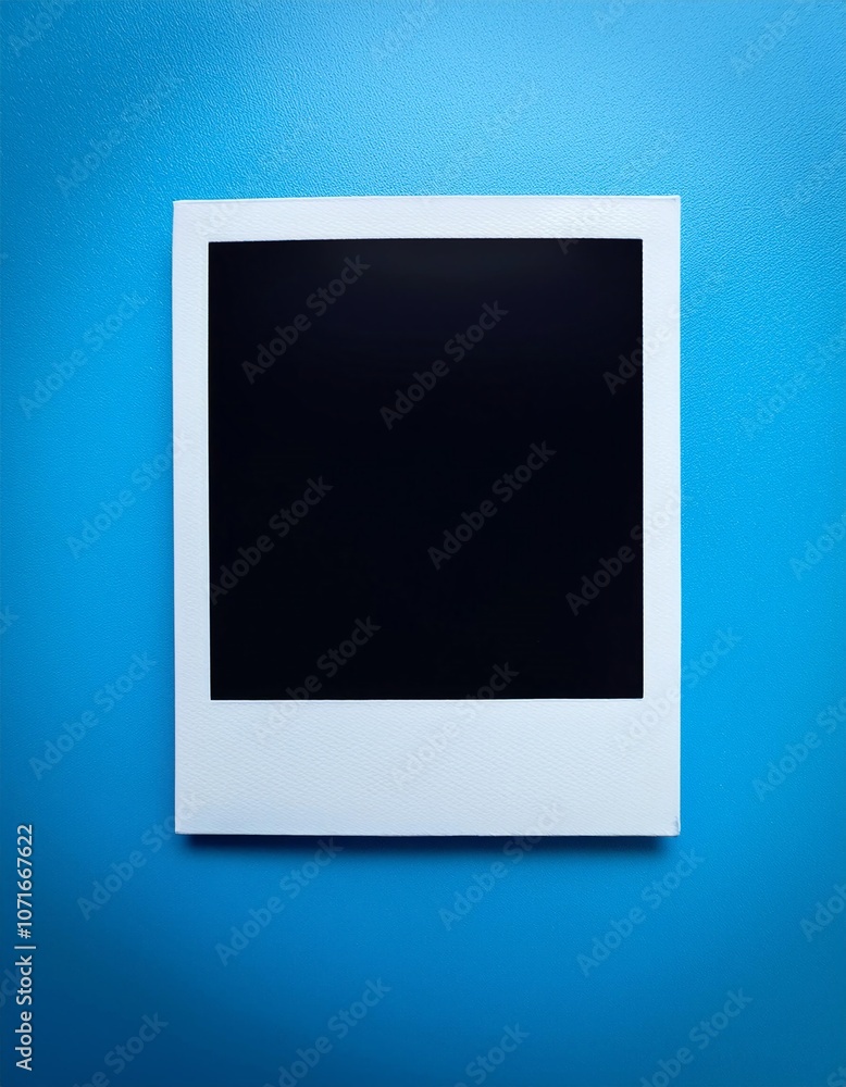 Poster a single instant photo frame on pure empty blue background, mockup