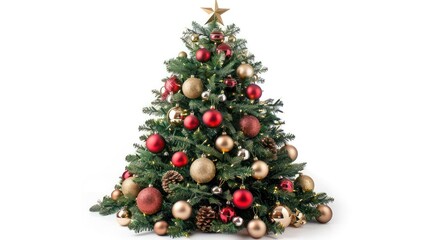 Christmas tree decorated with ornaments and a star on top, isolated on a white background