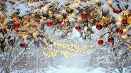 Obraz premium Festive Christmas tree adorned with twinkling lights, dusted with snow, set against winter wonderland backdrop.