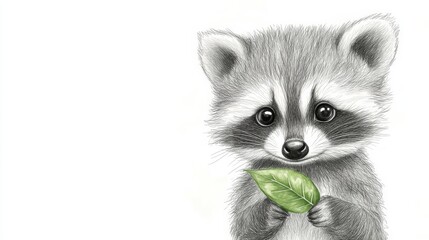 Obraz premium Cute Raccoon Holding Leaf in Soft Colors