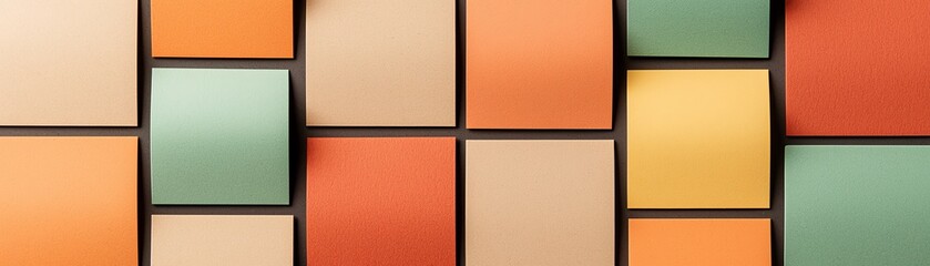 Fototapeta premium Abstract geometric patterned wall with colorful rectangular panels in various shades.