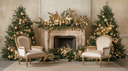 Cozy fireplace adorned with stockings beside twinkling Christmas tree, glowing with festive lights ornaments in warm holiday setting.