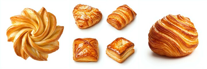 Fototapeta premium Assorted baked pastries on white background, showcasing variety and texture in golden-brown hues. Perfect for culinary uses.