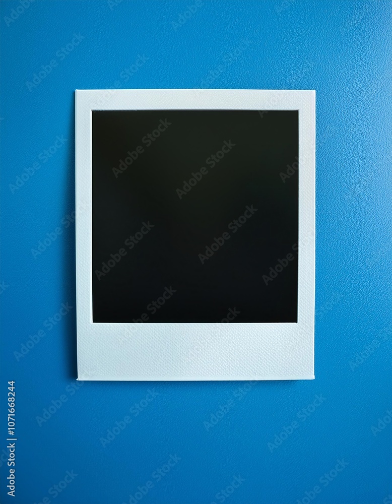 Poster a single instant photo frame on pure empty blue background, mockup